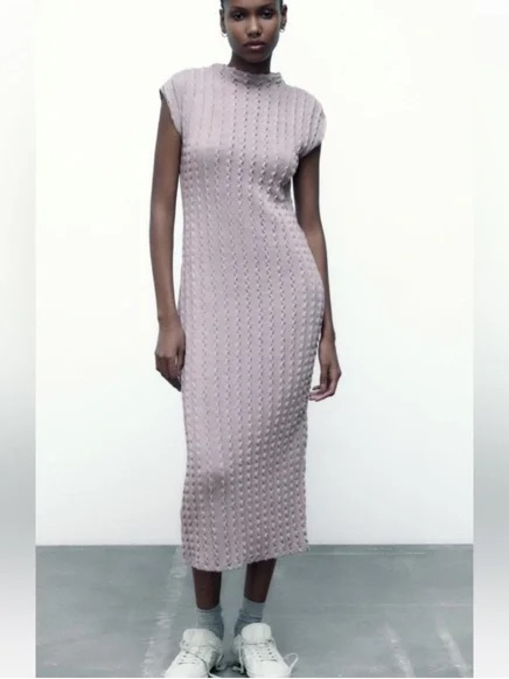 Zara Textured Bubble Knit Mock Neck Midi Dress - Size Small (Gray/Mauve)